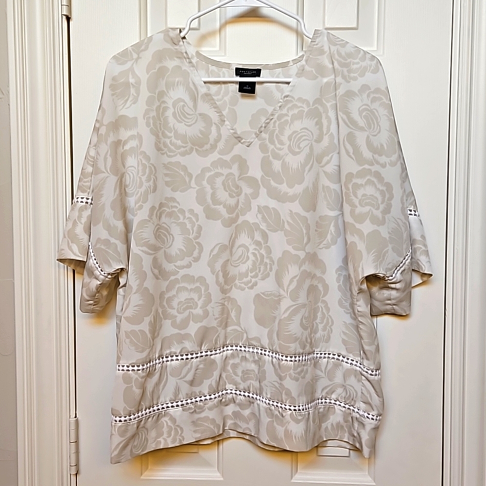 Ann Taylor Factory Short Sleeve Floral Top with Cotton Lace Detail, V-neck